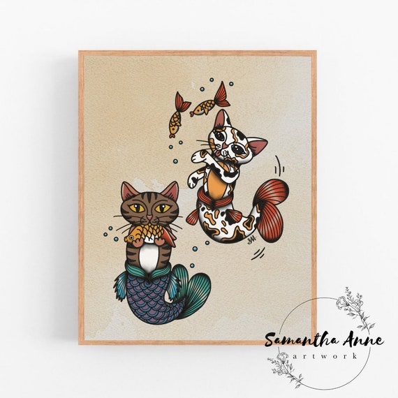 Purrmaid Cat Mermaid Traditional Old School Couple Tattoo - Etsy