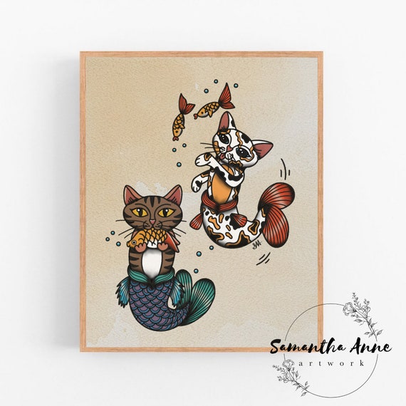 Cat Tattoo Fabric Wallpaper and Home Decor  Spoonflower