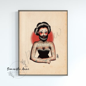 Impression traditionnelle de tatouage de dame barbue | Art de monstre de cirque de la vieille école | Oeuvre murale d&#39;impression de tatouage | Téléchargement numérique | Cadeau de tatouage | Imprimable