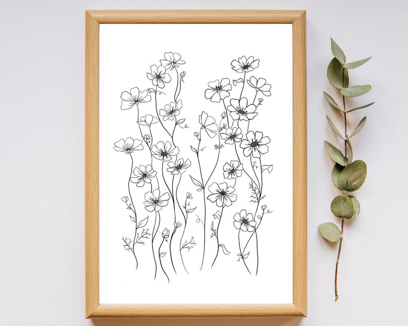 Wildflowers Wall Art Floral Digital Print Black and White Etsy