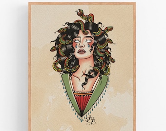 Medusa Old School Tattoo Flash Art Print | Impression néo-traditionnelle de tatouage Medusa | Téléchargement numérique | Oeuvre de méduse | Art survivant SA