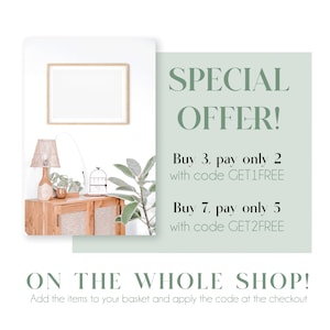 May include: A green and white graphic with the text "SPECIAL OFFER!" and details about a buy 3, pay 2 and buy 7, pay 5 sale. The text also includes the codes "GET1FREE" and "GET2FREE". The graphic also includes the text "ON THE WHOLE SHOP!" and "Add the items to your basket and apply the code at the checkout".