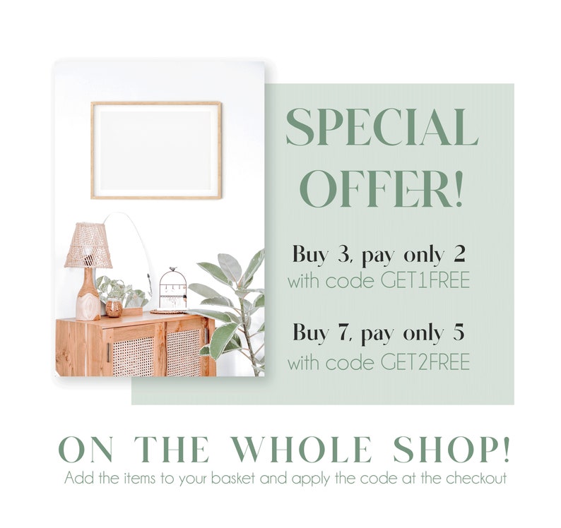 May include: A green and white graphic with the text "SPECIAL OFFER!" and details about a buy 3, pay 2 and buy 7, pay 5 sale. The text also includes the codes "GET1FREE" and "GET2FREE". The graphic also includes the text "ON THE WHOLE SHOP!" and "Add the items to your basket and apply the code at the checkout".