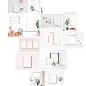 May include: A collection of minimalist photo frame mockups featuring various sizes and arrangements. The frames are displayed in a variety of interior settings with plants and furniture.
