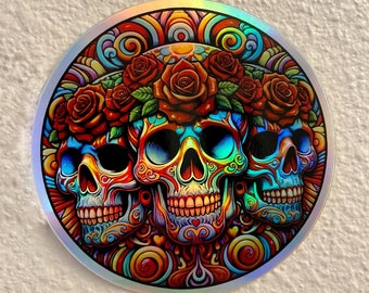 Bertha Skulls Holographic Vinyl Sticker, Grateful Dead Art 3in