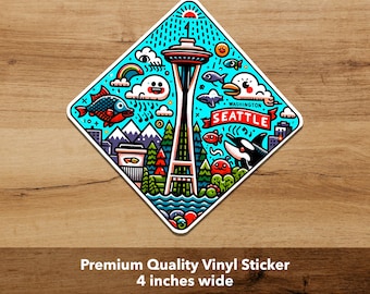 Seattle Space Needle Vinyl Sticker: Mount Rainier Decal (3 inches)