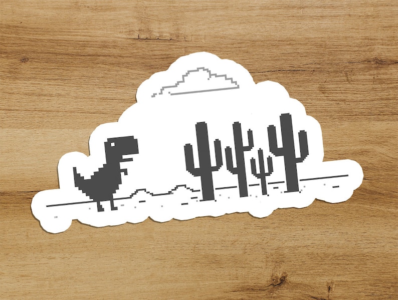 May include: A black and white pixelated dinosaur runs across a white background with a cloud and cacti. The dinosaur is the classic 'T-Rex' from the Google Chrome offline game.