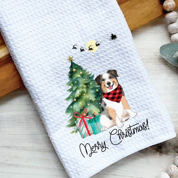 Blue & Red Merle Aussie Christmas Kitchen Towel