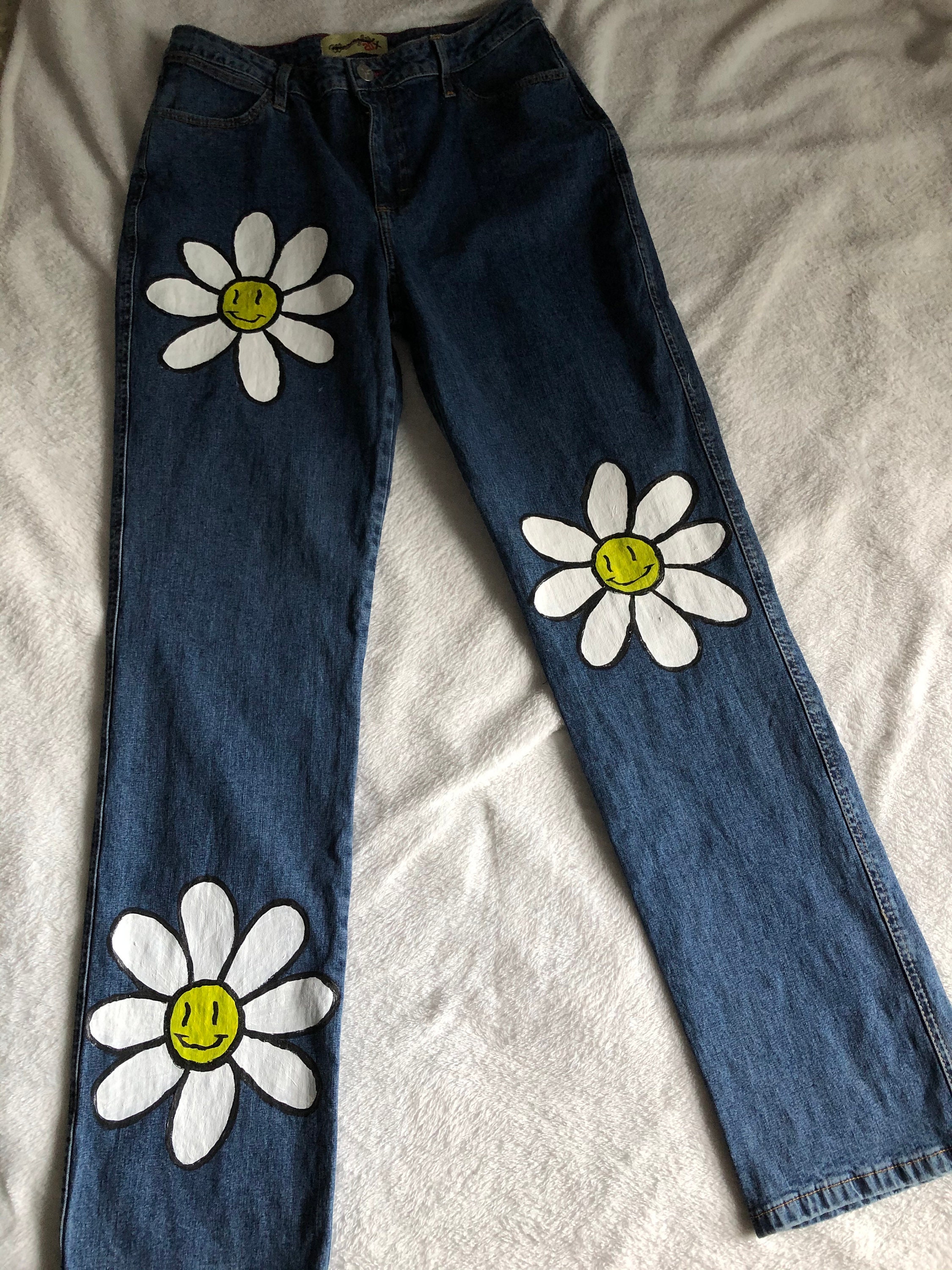 Painted Flower Jeans - Etsy
