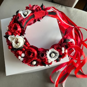 Pedaço de cabelo de flor de casamento vermelho, videira de cabelo floral de noiva, faixa de flor, pedaço de cabelo de flor, tiara de casamento, coroa de flor de casamento