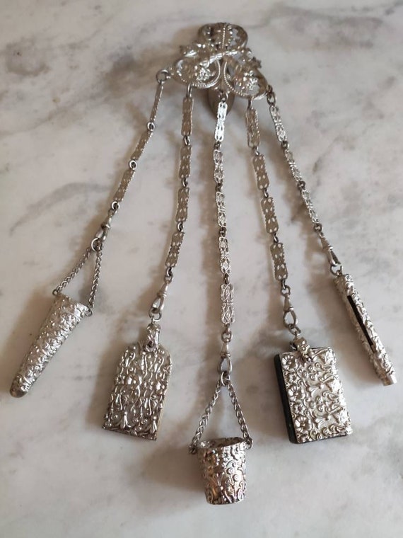 Victorian white metal chatelaine with five pendant