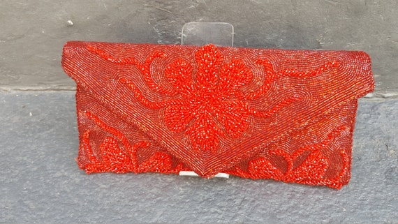 1950s scarlet red bead encrusted clutch.
