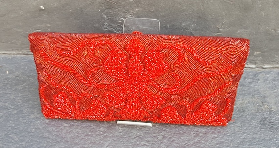 1950s scarlet red bead encrusted clutch. - image 2