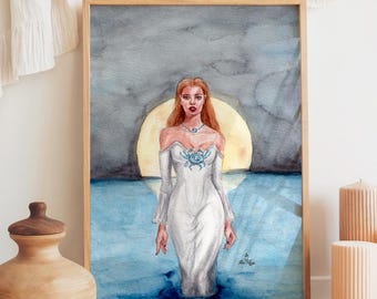 Moon Goddess Watercolor Art Print: Cancer Zodiac, Divine Feminine