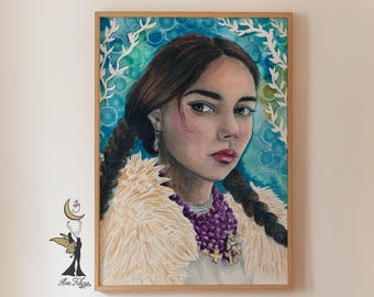 Ethereal Woman Watercolor Portrait – Feminine Botanical Art Print, Whimsical Wall Decorr