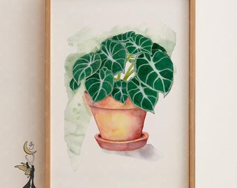 Alocasia Watercolor Print: Botanical Boho Wall Art