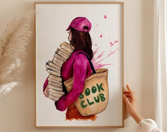Book Club Girl Watercolor Print: Whimsical Bookworm Art