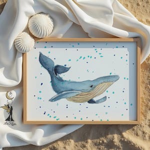 Blue Whale Watercolor Print – Coastal Nursery Wall Art, Ocean Animal Decor, Beach House Gift, Sea Life Illustration, Whale Art Poster