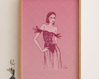 Retro Fashion Illustration Kunstdruck: Rosa Kokette Zimmer Dekor