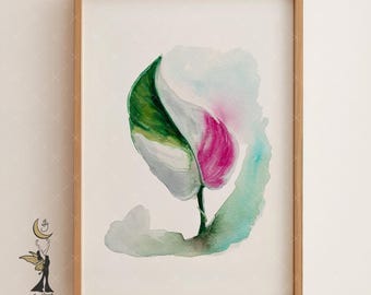 Pink & Green Botanical Watercolor Print – Feminine Floral Wall Art, Minimalist Nature Decor