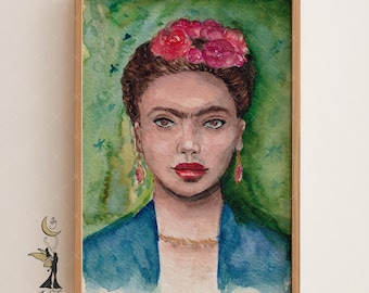 Frida Portrait Print: Floral Watercolor, Mexican Wall Art