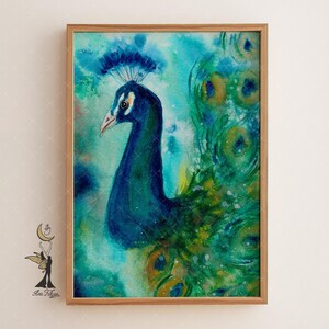 Blue Green Peacock Watercolor Art Print: Boho Living Room Wall Decor