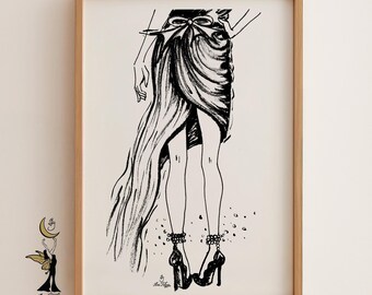 Fashion Sketch Art Print: Black Ink Heels & Dress Illustration