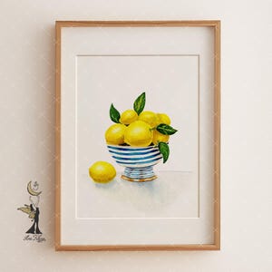 Lemon Kitchen wall Art, Citrus Fruit Print, Blue Bowl with Lemons Watercolor, Italian Lemon Decor, Food Wall art, Summer Kitchen Print