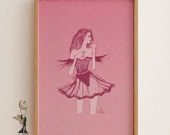 Vintage Fashion Print: Pink Retro Glam Woman Illustration