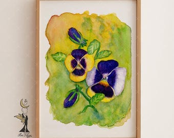 Pansy Flower Watercolor Print: Purple & Yellow Floral Wall Art