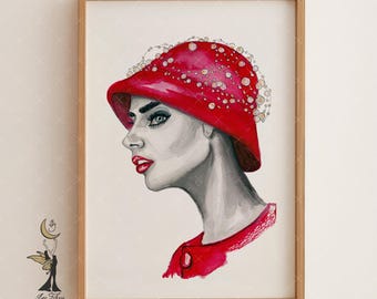 Watercolor Fashion Portrait Art Print: Modern Red Wall Decor