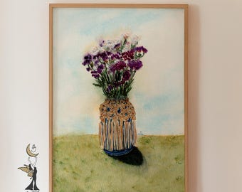 Purple Floral Watercolor Print: Rustic Macramé Vase Botanical Art Cozy Home