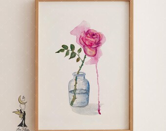 Pink Rose Watercolor Art Print: Romantic Floral Wall Decor for Living Room