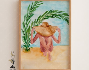 Woman on Beach Watercolor Art Print: Tropical Coastal Decor
