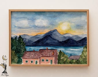 Garda Lake Watercolor Painting: Mountain Landscape, Italian Travel Art