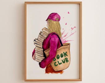 Feminine Book Lover Watercolor Art Print – Whimsical Bookshelf Decor, Pink Wall Art