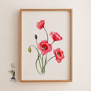 Red Poppy Watercolor Print: Botanical Garden Flower Wall Art
