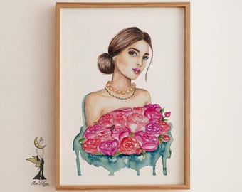 Feminine Rose Bouquet Art Print – Fashion Watercolor Portrait – Floral Romantic Wall Art