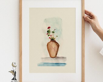 Terracotta Vase Watercolor Art Print: Minimalist Floral Home Decor
