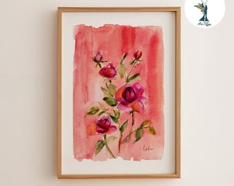 Abstract Floral Art Print, Pink Roses Watercolor Painting, Feminine Home Decor