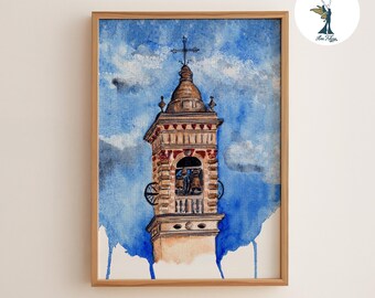 Reizen stadsgezicht aquarel print – architectuur muurkunst, Italiaanse klokkentoren schilderij, Europese stadsdecor