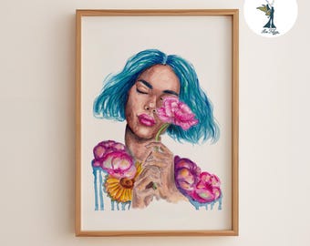 Feminine Floral Portrait Watercolor Art Print – Whimsical Botanical Wall Decor