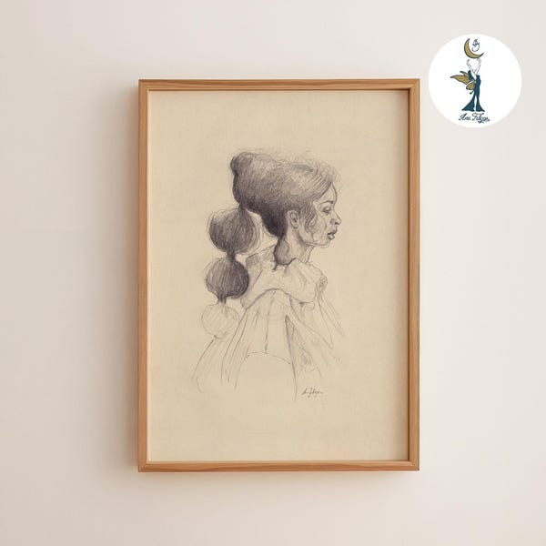 Feminine Portrait Sketch Art Print, Minimalist Pencil Drawing