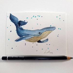 Blue Whale Painting Original Watercolor, Orca Mini Painting, Ocean Wall Art, Beach House Decor, Apartment Decor, Nautical Decor, Whale Art