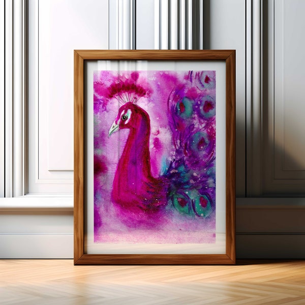 Peacock Wall Art Print Watercolor Pink Peacock Portrait Poster Boho Housewarming Gift Original Bird Print Animal Rose Purple Feathers Airbnb