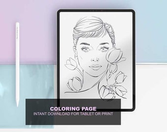 Digital download "Audrey Hepburn and Tulips" Coloring Page (Instant Printable used for Printing and Coloring, or with Digital Apps