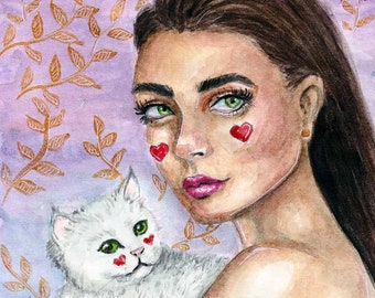 Watercolor art print, cat lover poster, feminine painting