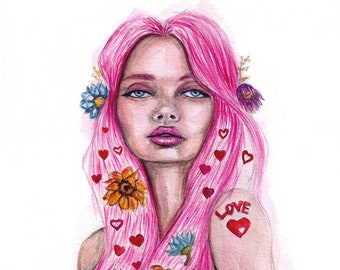 Pink love fashion portrait, original watercolor painting