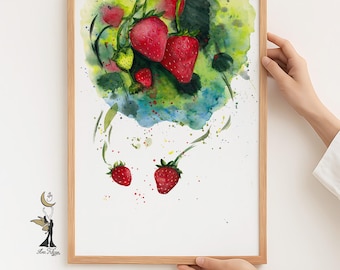 Strawberry Watercolor Art Print: Whimsical Kitchen Wall Decor