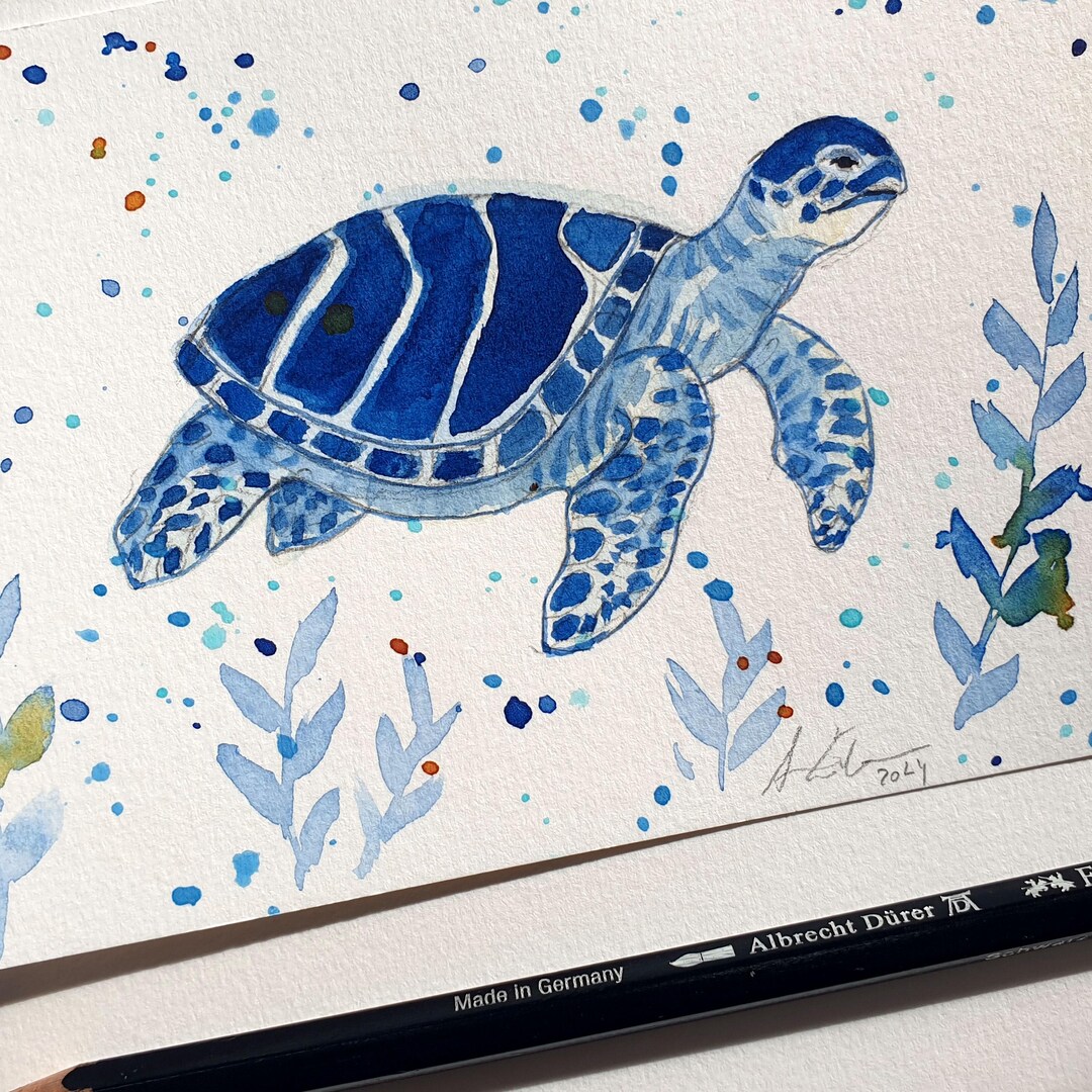 Blue Sea Turtle Original Watercolor Painting, Sea Turtle Mini Painting ...